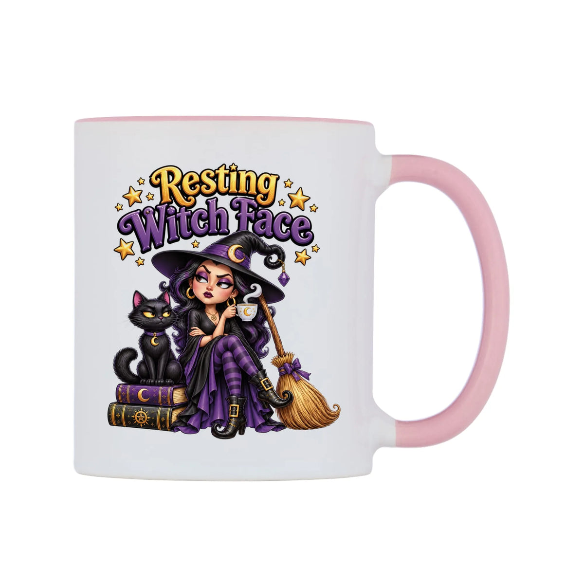 Resting Witch Face Mug — white 11oz gloss mug with a pink inside and handle, left side, on a white background