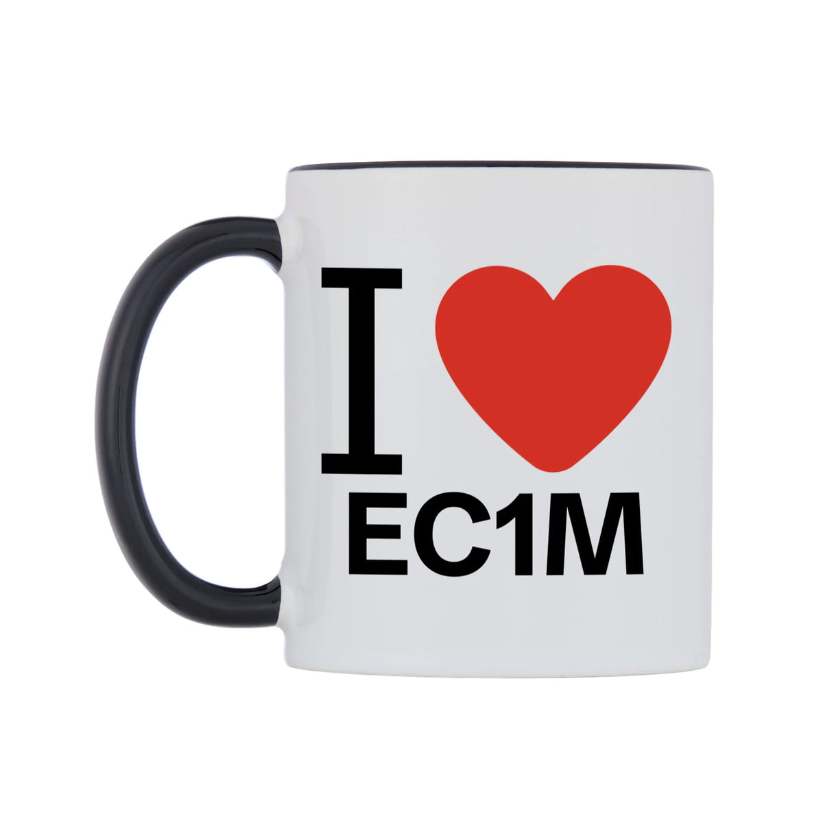 I Love EC1M Mug — white 11oz gloss mug with a black inside and handle, right side, on a white background