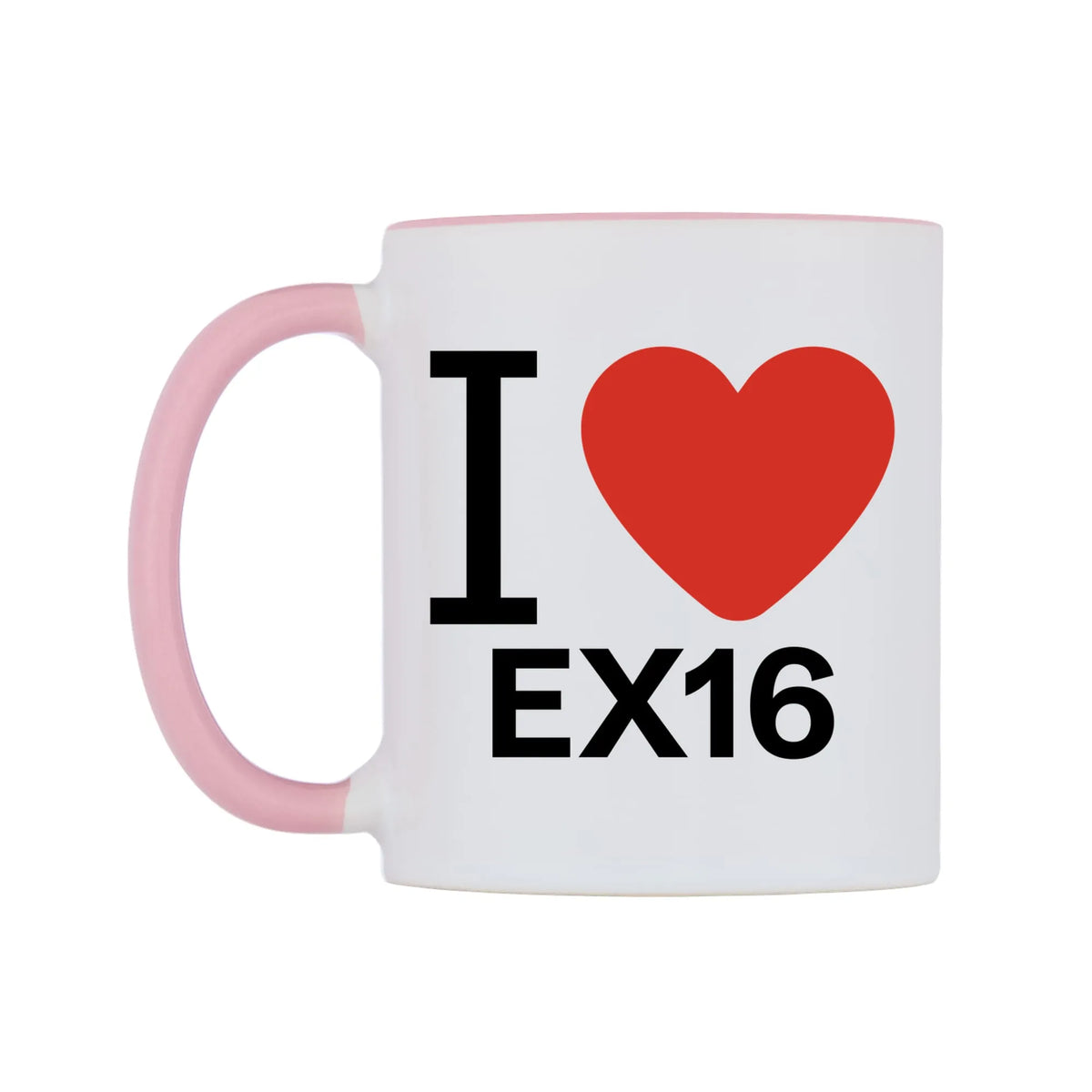 I Love EX16 Mug — white 11oz gloss mug with a pink inside and handle, right side, on a white background