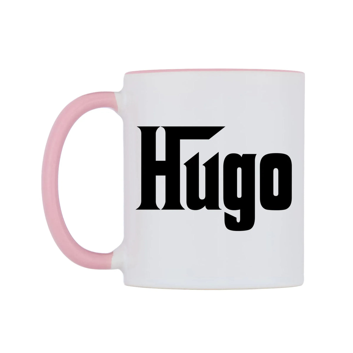 Hugo - Godfather Themed Mug — white 11oz gloss mug with a pink inside and handle, right side, on a white background