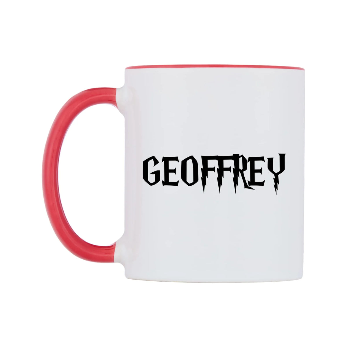 Geoffrey - Wizard Themed Mug — white 11oz gloss mug with a red inside and handle, right side, on a white background