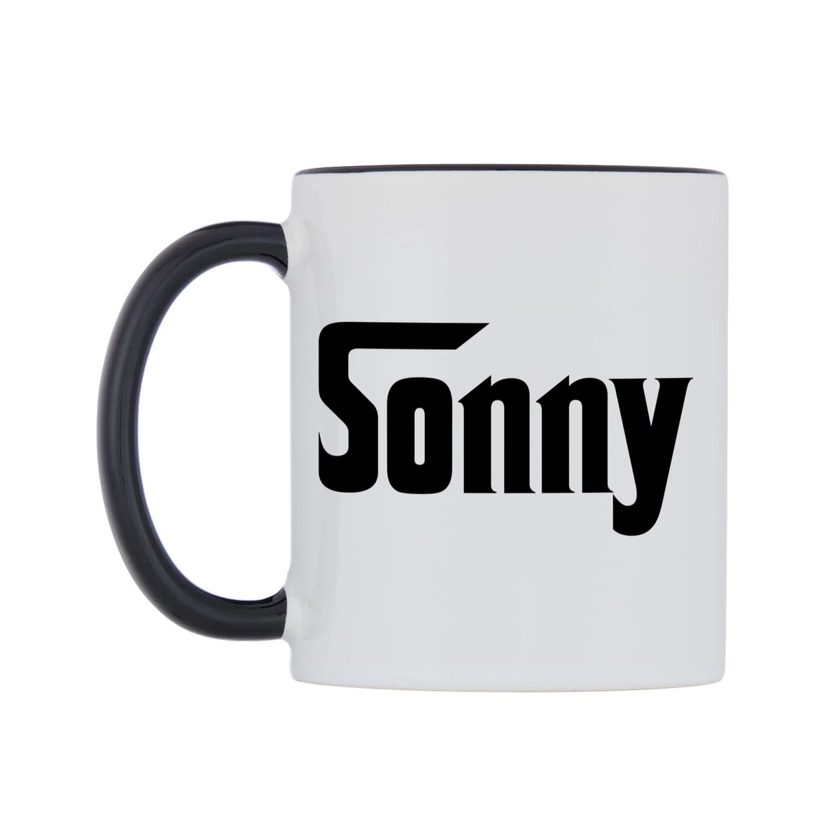 Sonny - Godfather Themed Mug — white 11oz gloss mug with a black inside and handle, right side, on a white background