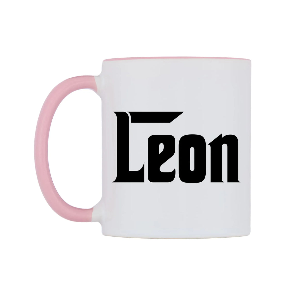 Leon - Godfather Themed Mug — white 11oz gloss mug with a pink inside and handle, right side, on a white background