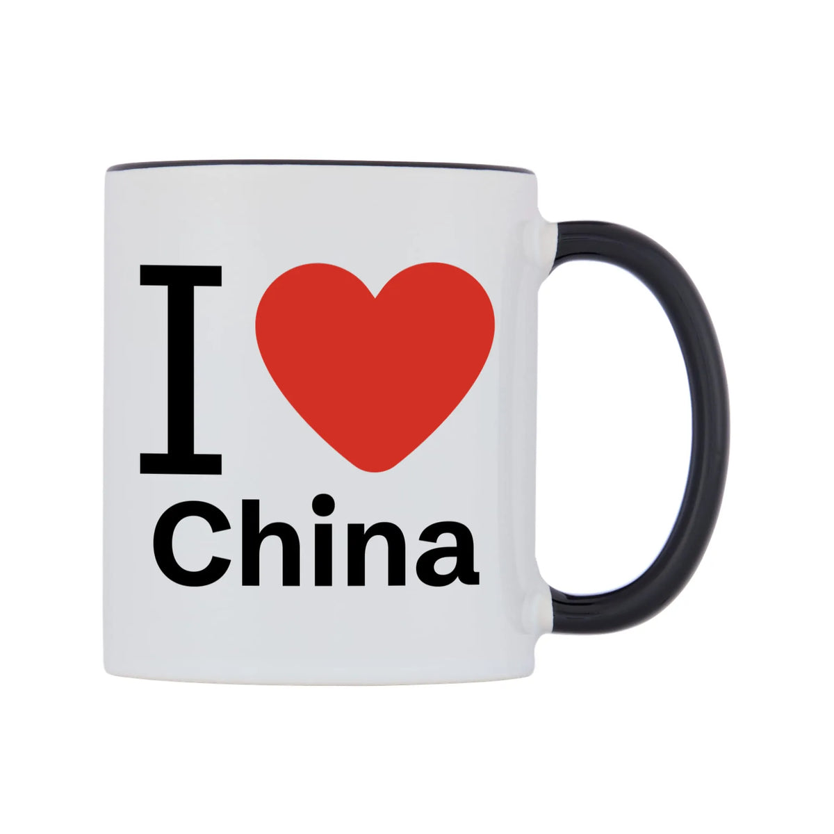 I Love China Mug — white 11oz gloss mug with a black inside and handle, left side, on a white background