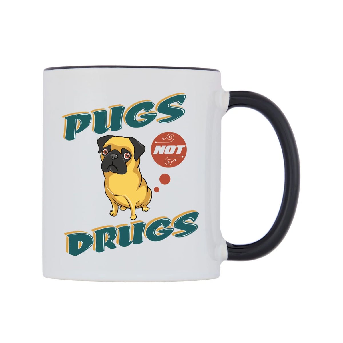 Pugs Not Drugs Mug — white 11oz gloss mug with a black inside and handle, left side, on a white background