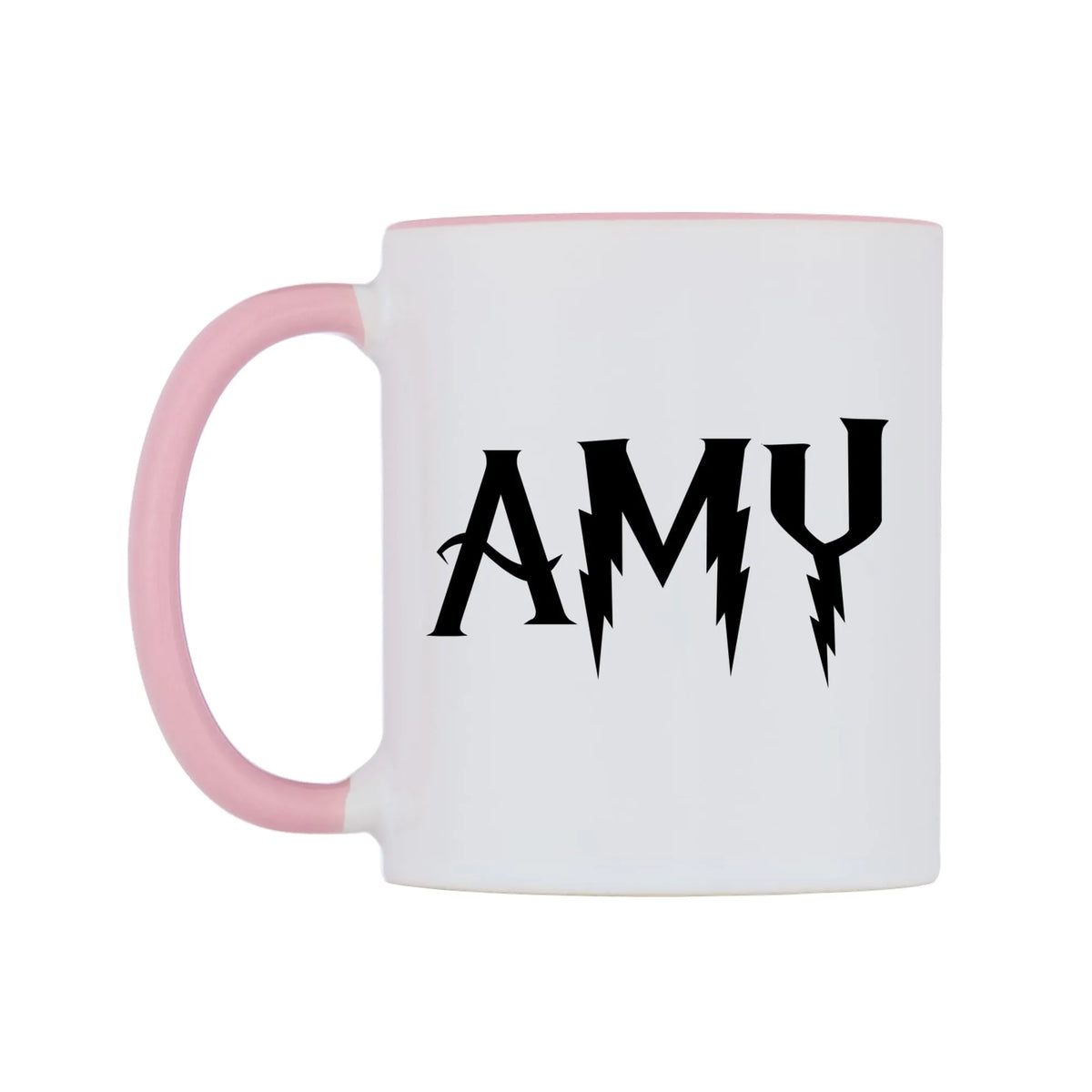Amy - Wizard Themed Mug — white 11oz gloss mug with a pink inside and handle, right side, on a white background