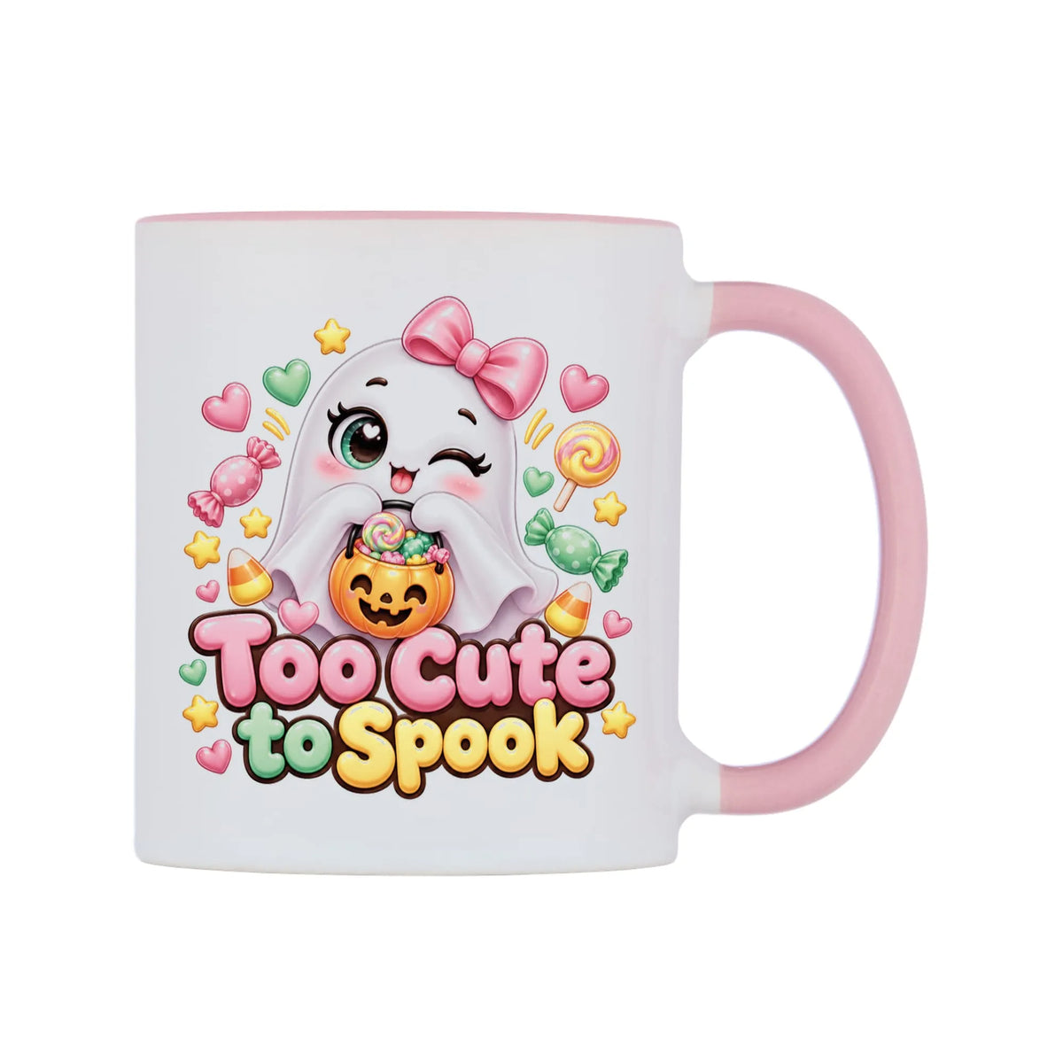 Too Cute to Spook Mug — white 11oz gloss mug with a pink inside and handle, left side, on a white background