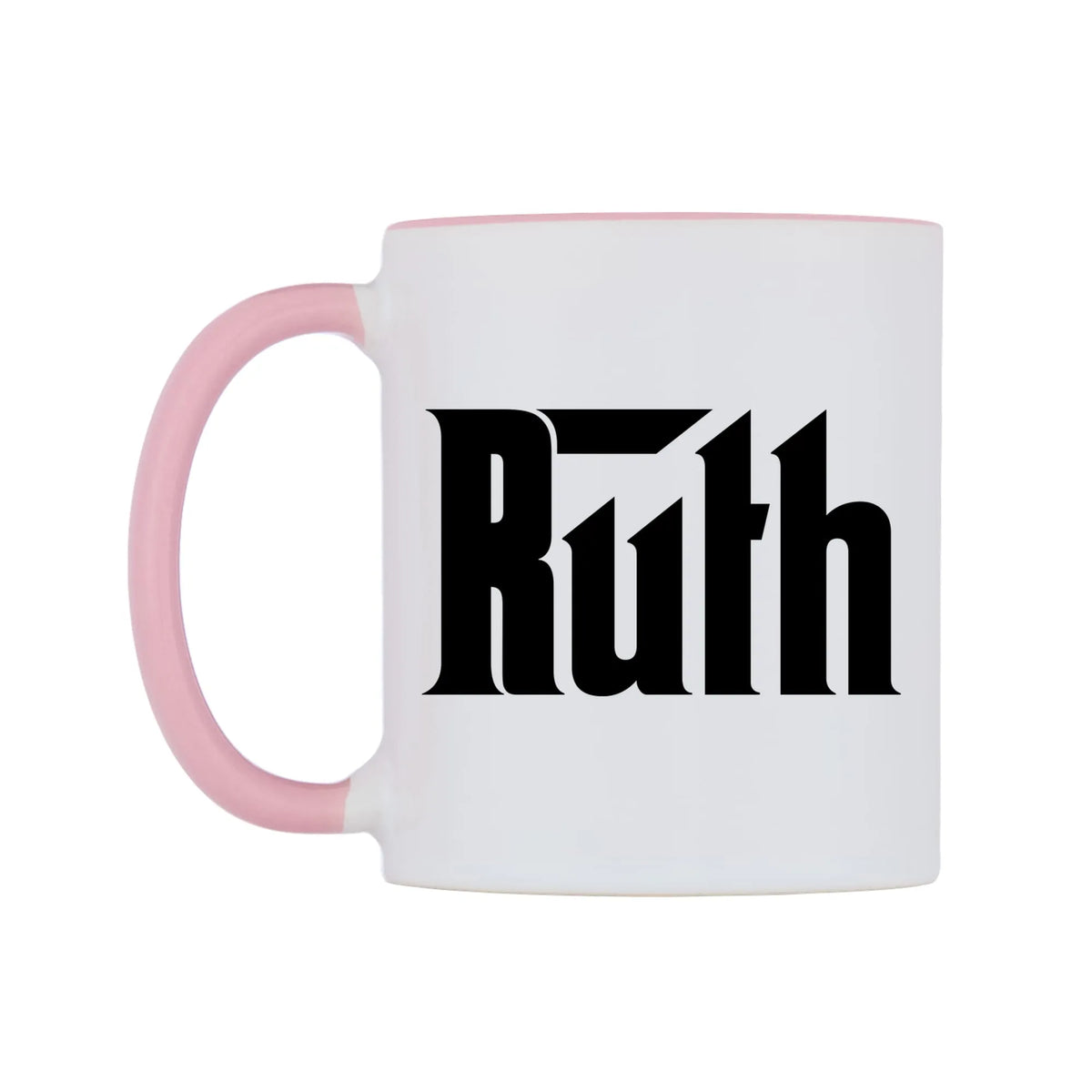 Ruth - Godfather Themed Mug — white 11oz gloss mug with a pink inside and handle, right side, on a white background