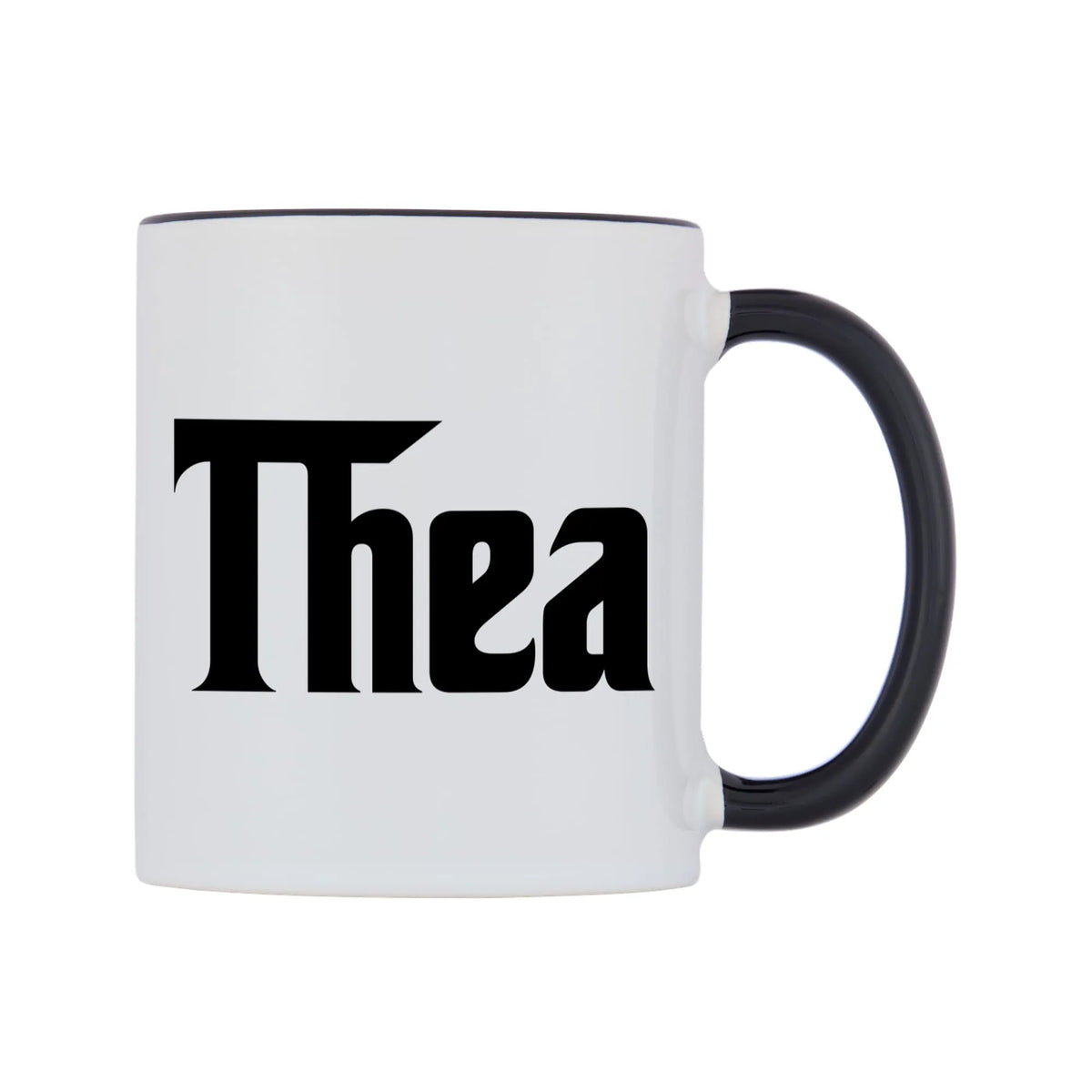 Thea - Godfather Themed Mug — white 11oz gloss mug with a black inside and handle, left side, on a white background