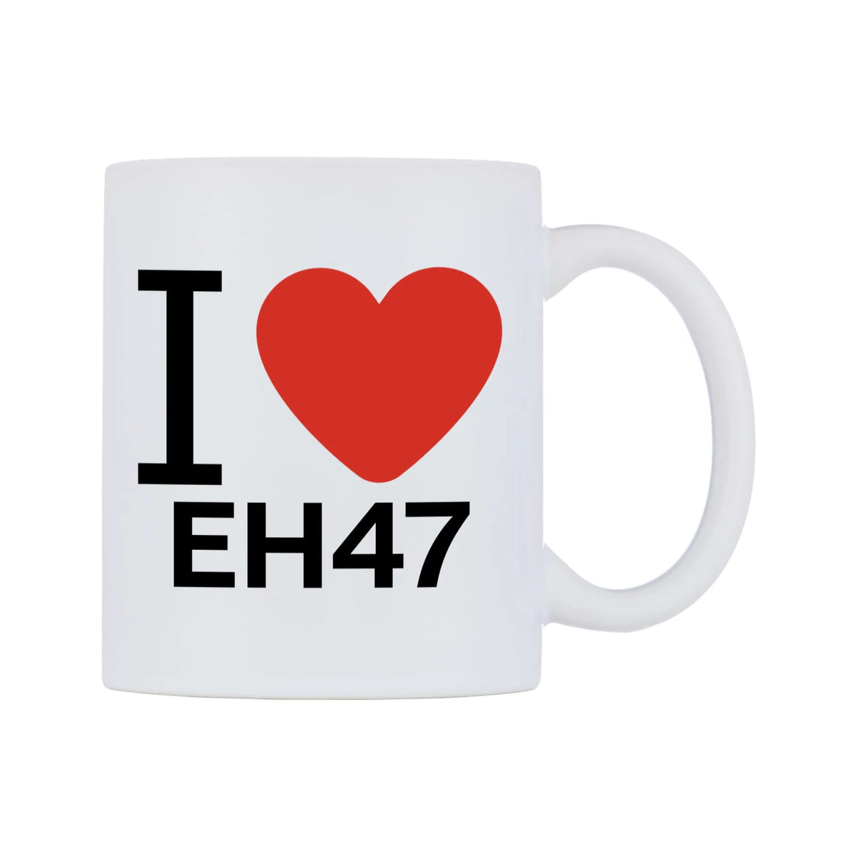 I Love EH47 Mug — white 11oz gloss mug, left side, on a white background