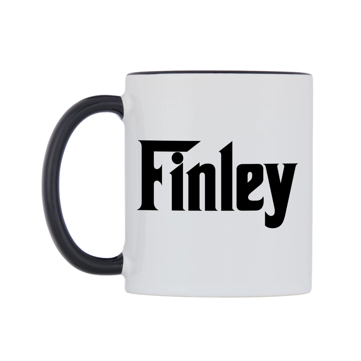 Finley - Godfather Themed Mug — white 11oz gloss mug with a black inside and handle, right side, on a white background