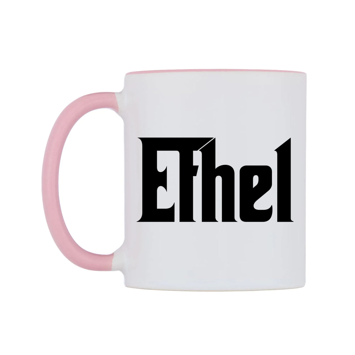 Ethel - Godfather Themed Mug — white 11oz gloss mug with a pink inside and handle, right side, on a white background
