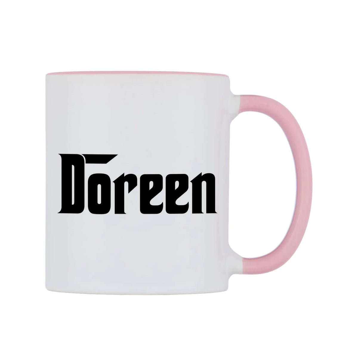 Doreen - Godfather Themed Mug — white 11oz gloss mug with a pink inside and handle, left side, on a white background