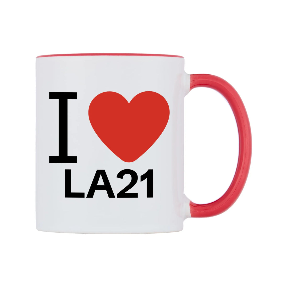 I Love LA21 Mug — white 11oz gloss mug with a red inside and handle, left side, on a white background