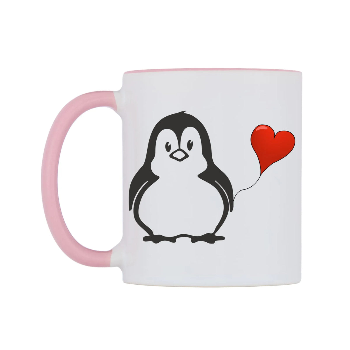 Love Heart Penguin Mug — white 11oz gloss mug with a pink inside and handle, right side, on a white background