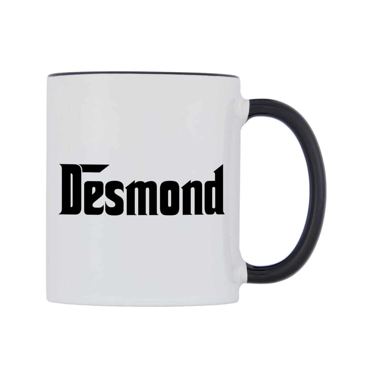 Desmond - Godfather Themed Mug — white 11oz gloss mug with a black inside and handle, left side, on a white background