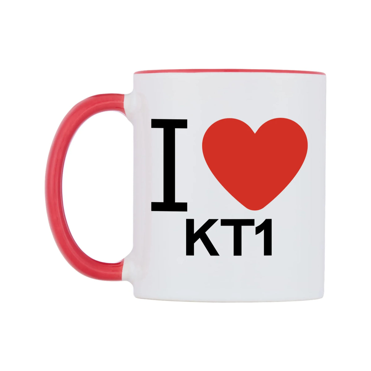 I Love KT1 Mug — white 11oz gloss mug with a red inside and handle, right side, on a white background