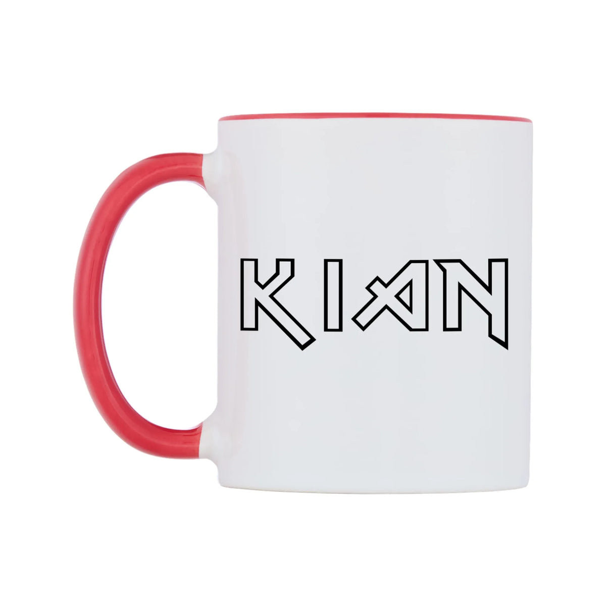 Kian - Iron Maiden Themed Mug — white 11oz gloss mug with a red inside and handle, right side, on a white background