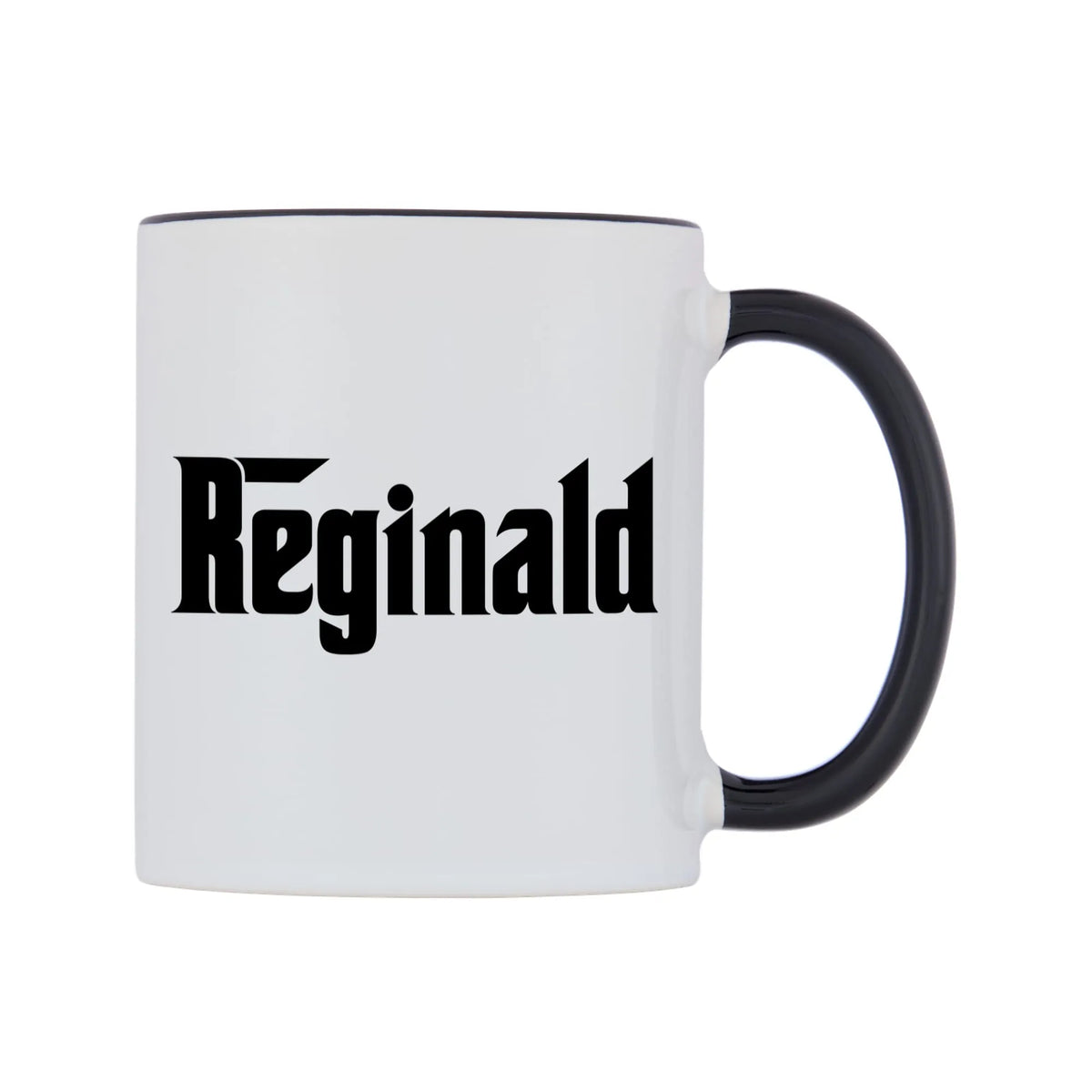 Reginald - Godfather Themed Mug — white 11oz gloss mug with a black inside and handle, left side, on a white background