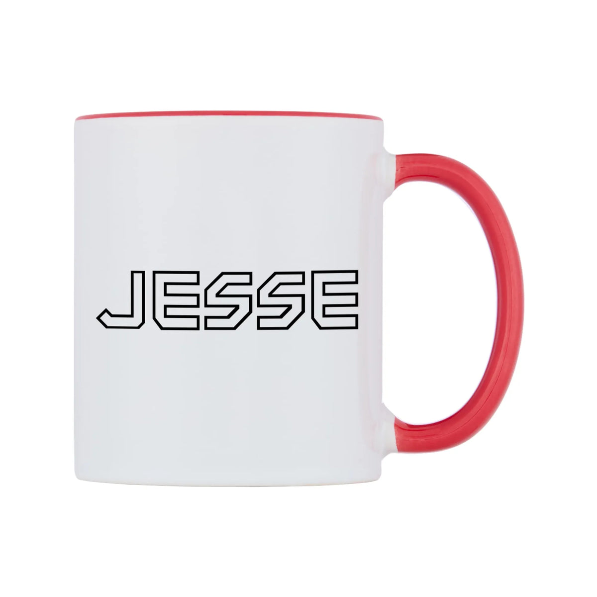 Jesse - Iron Maiden Themed Mug — white 11oz gloss mug with a red inside and handle, left side, on a white background