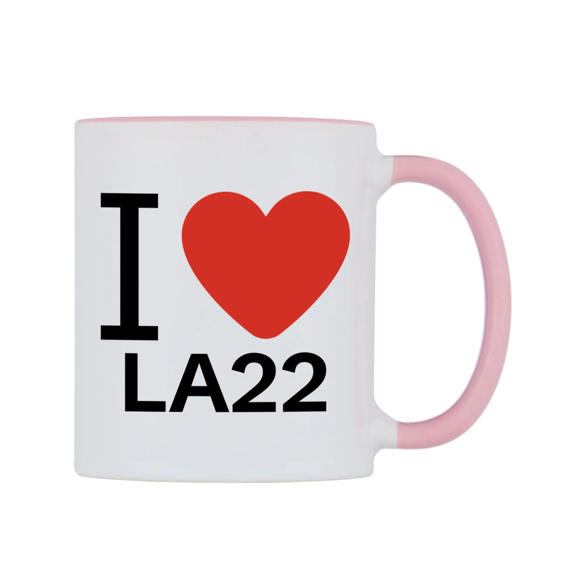I Love LA22 Mug — white 11oz gloss mug with a pink inside and handle, left side, on a white background