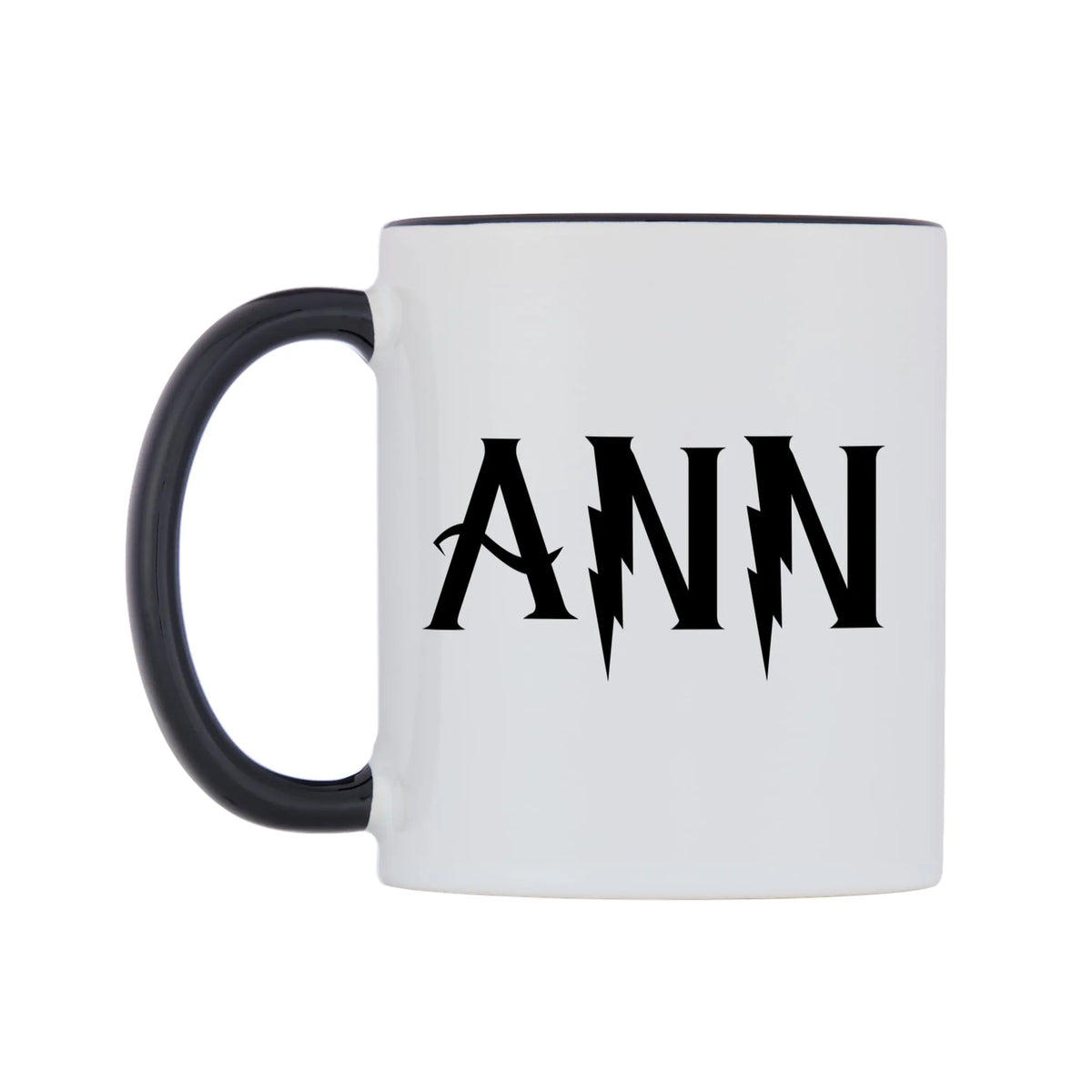 Ann - Wizard Themed Mug — white 11oz gloss mug with a black inside and handle, right side, on a white background