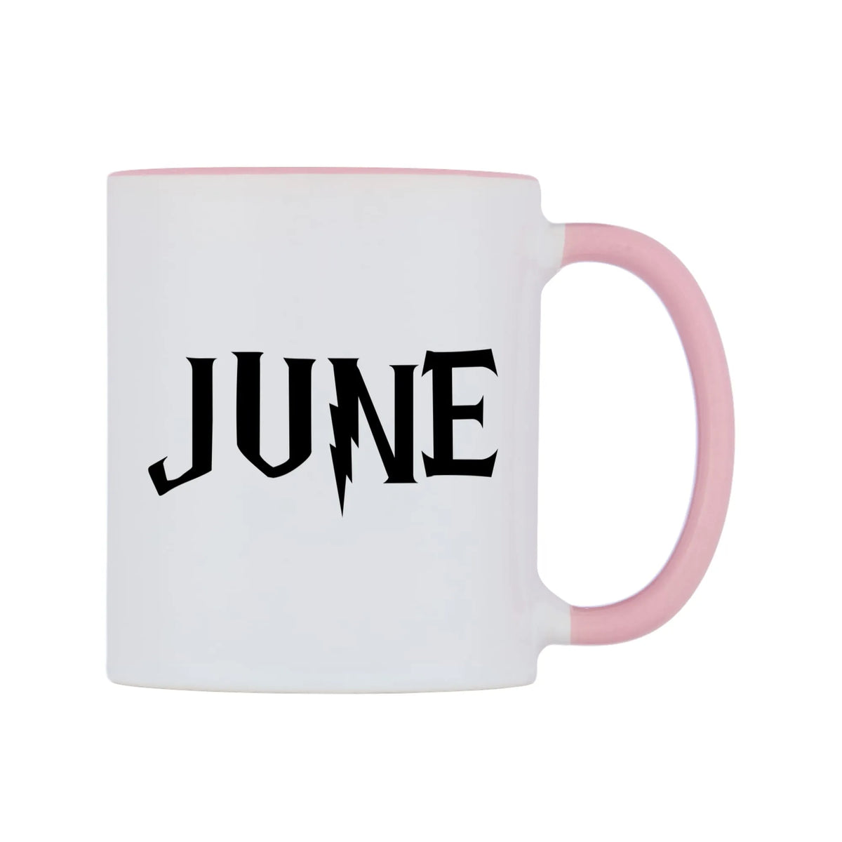 June - Wizard Themed Mug — white 11oz gloss mug with a pink inside and handle, left side, on a white background