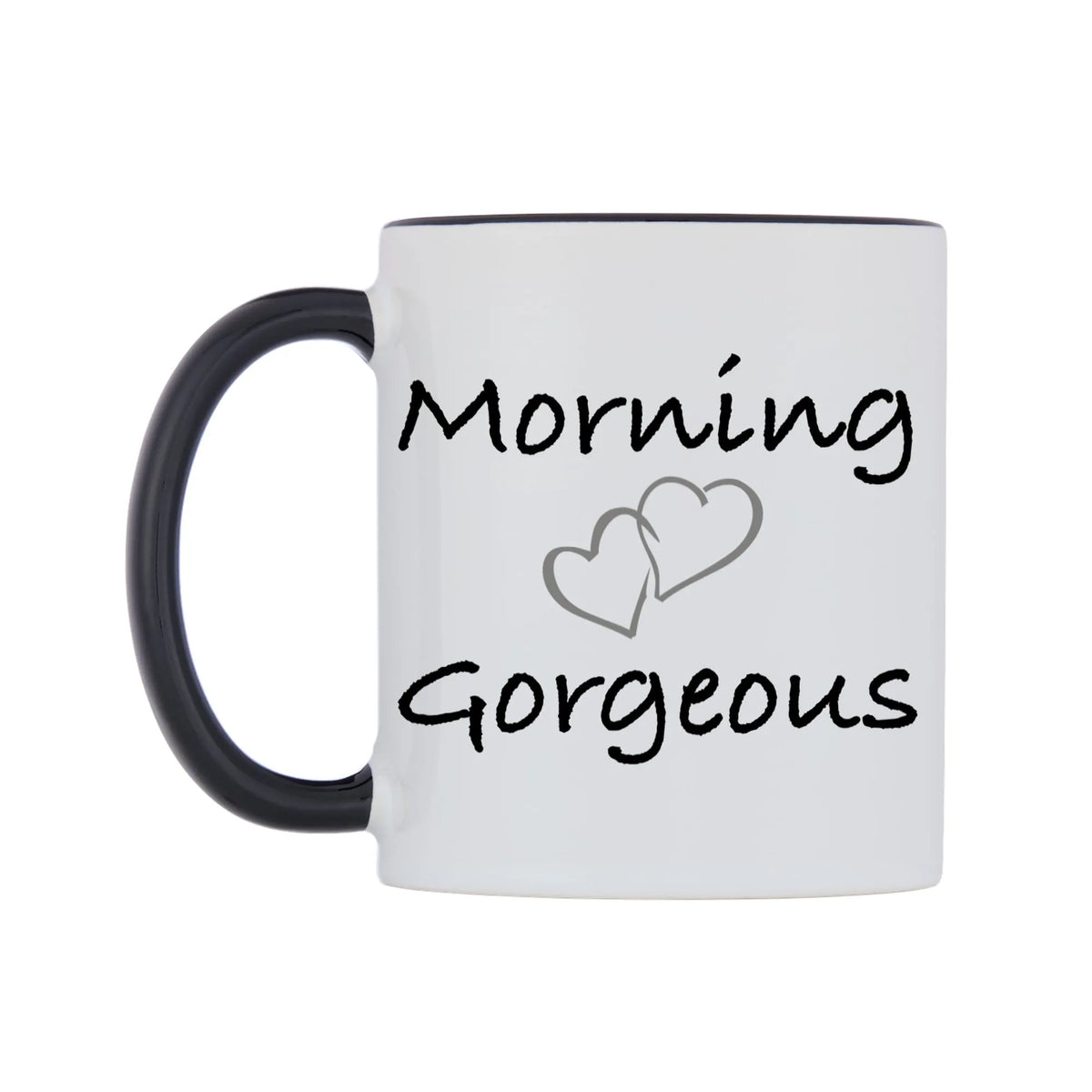 Morning Gorgeous Mug — white 11oz gloss mug with a black inside and handle, right side, on a white background