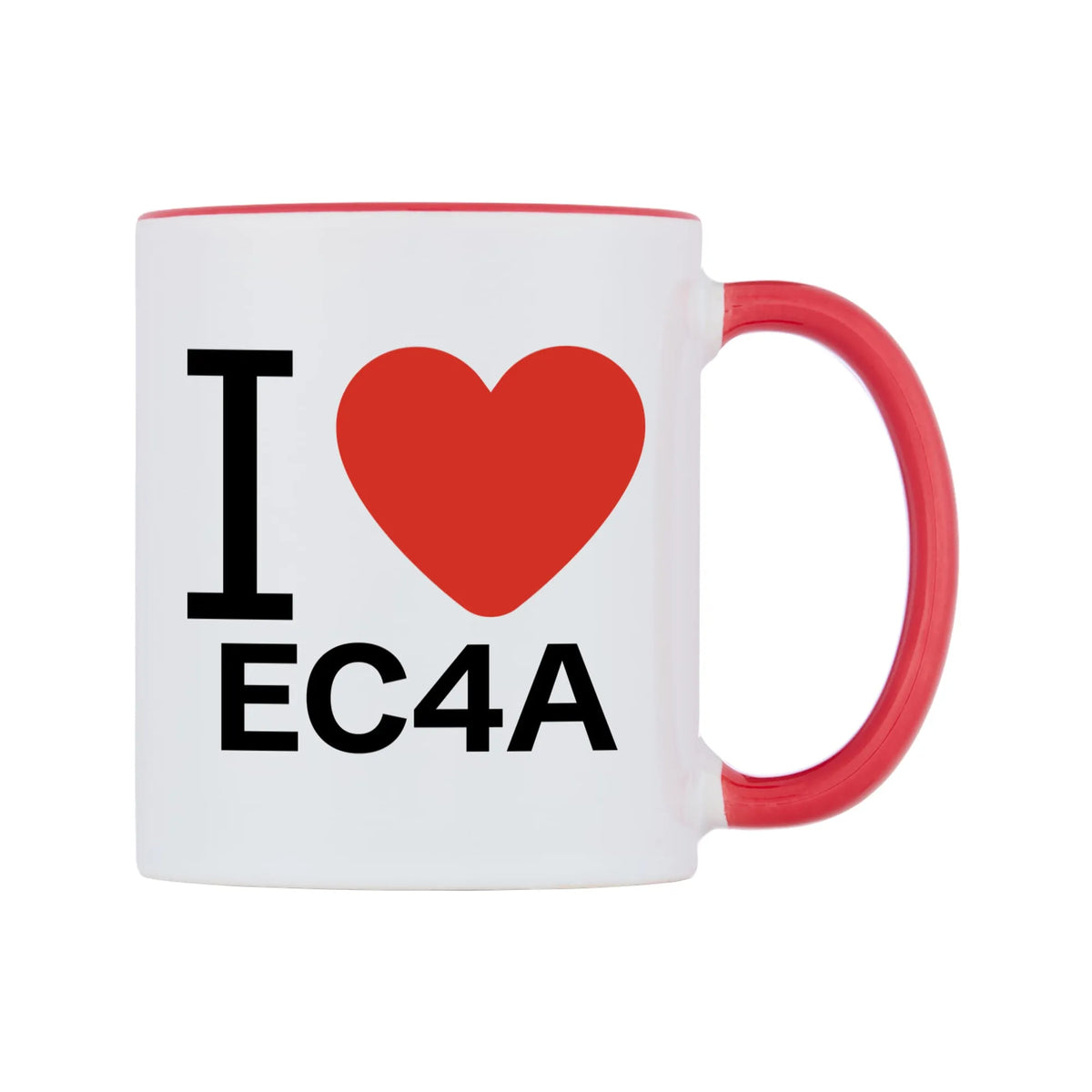 I Love EC4A Mug — white 11oz gloss mug with a red inside and handle, left side, on a white background