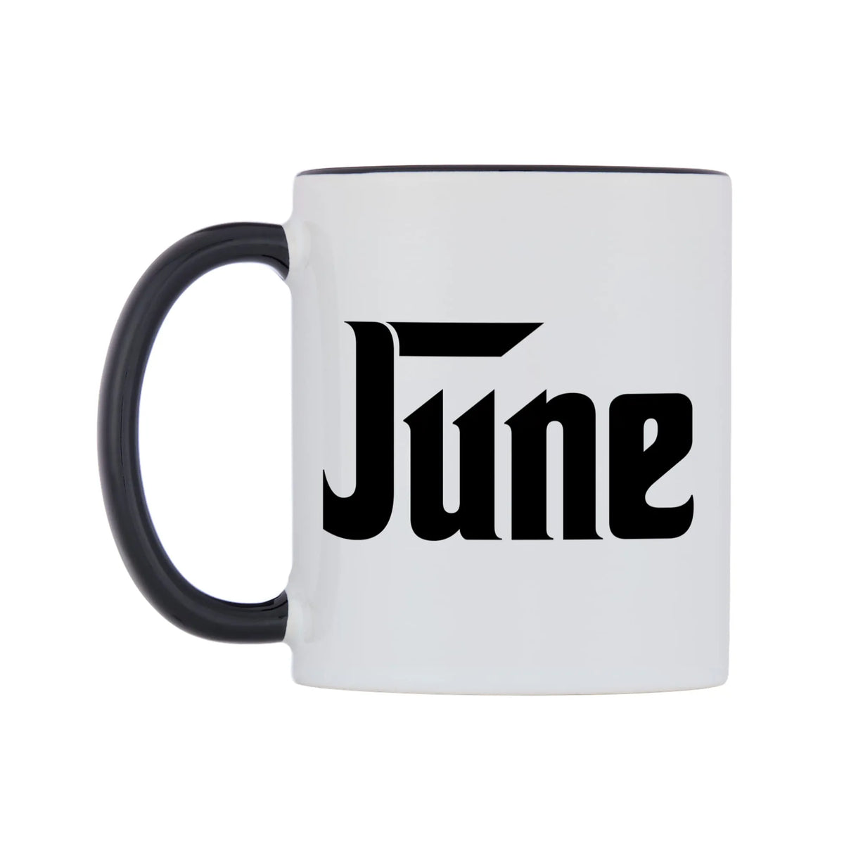 June - Godfather Themed Mug — white 11oz gloss mug with a black inside and handle, right side, on a white background