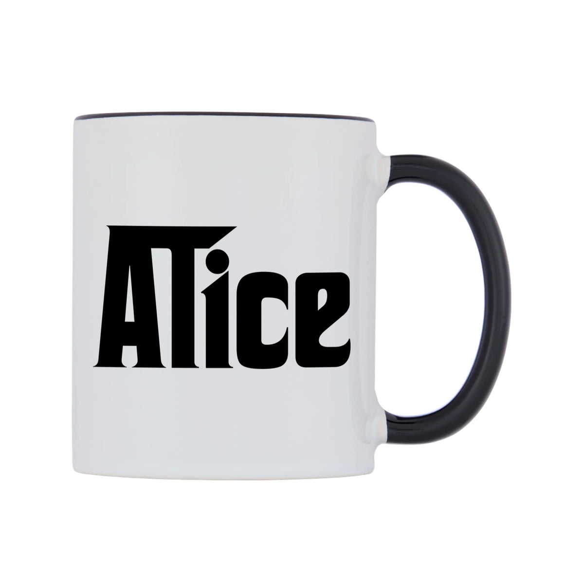 Alice - Godfather Themed Mug — white 11oz gloss mug with a black inside and handle, left side, on a white background