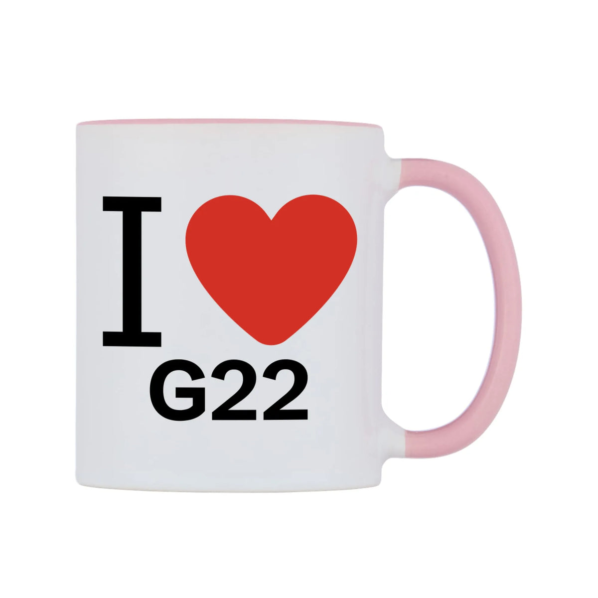 I Love G22 Mug — white 11oz gloss mug with a pink inside and handle, left side, on a white background