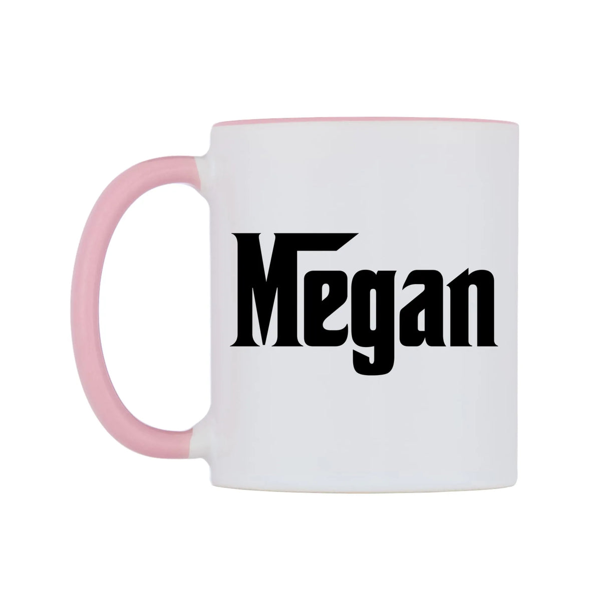 Megan - Godfather Themed Mug — white 11oz gloss mug with a pink inside and handle, right side, on a white background