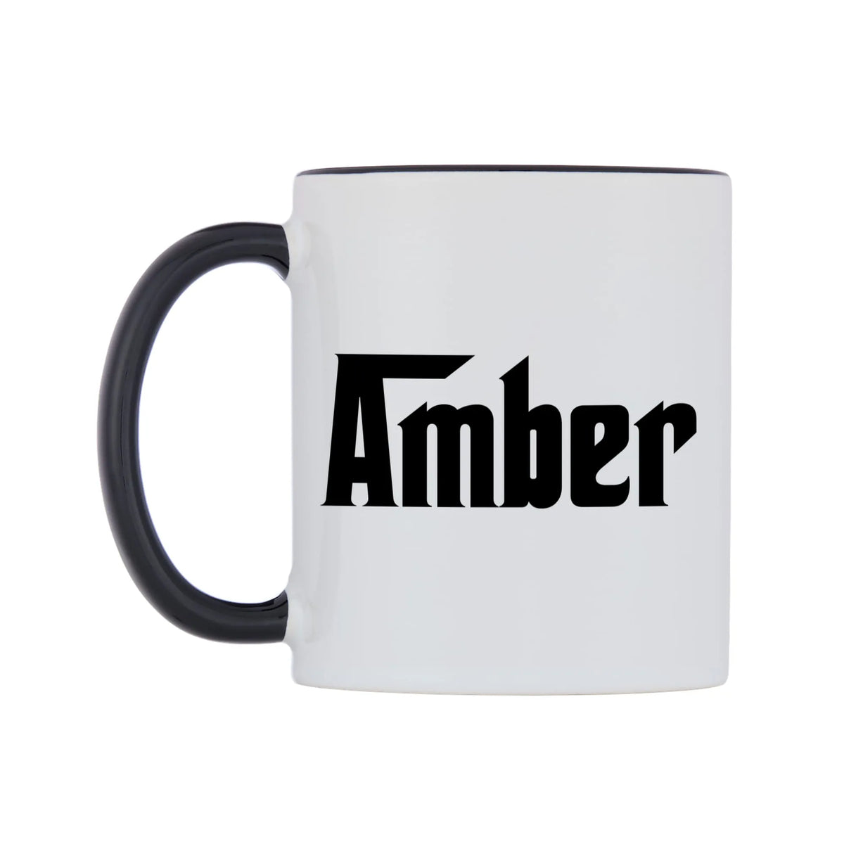 Amber - Godfather Themed Mug — white 11oz gloss mug with a black inside and handle, right side, on a white background