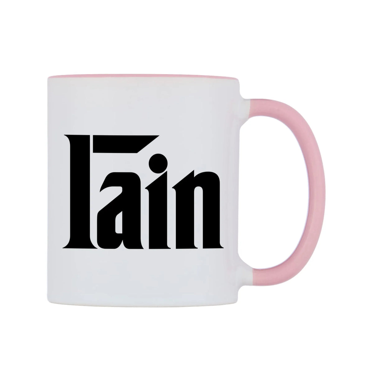 Iain - Godfather Themed Mug — white 11oz gloss mug with a pink inside and handle, left side, on a white background