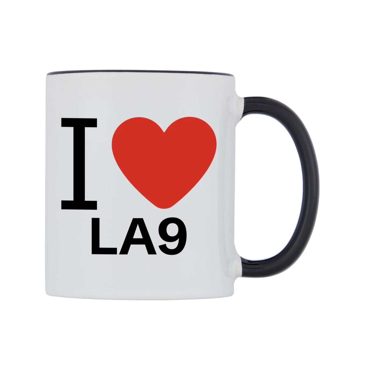 I Love LA9 Mug — white 11oz gloss mug with a black inside and handle, left side, on a white background