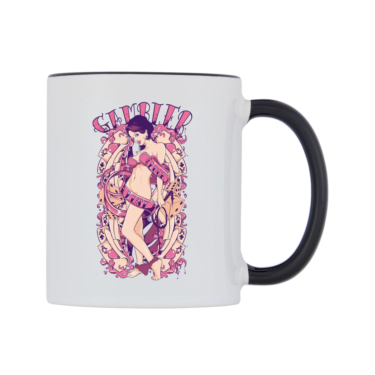 Gambler of Luck and Lust Mug — white 11oz gloss mug with a black inside and handle, left side, on a white background