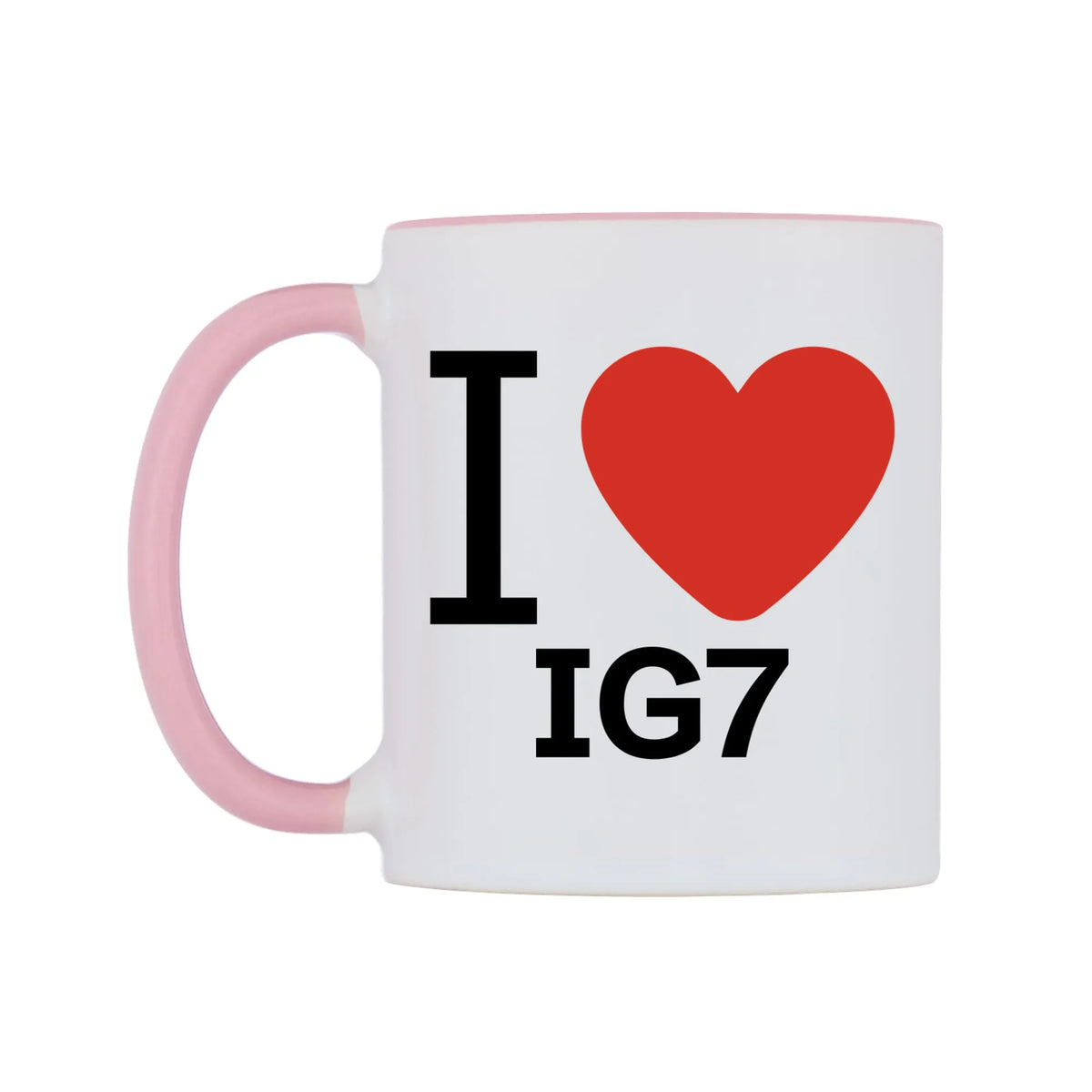 I Love IG7 Mug — white 11oz gloss mug with a pink inside and handle, right side, on a white background