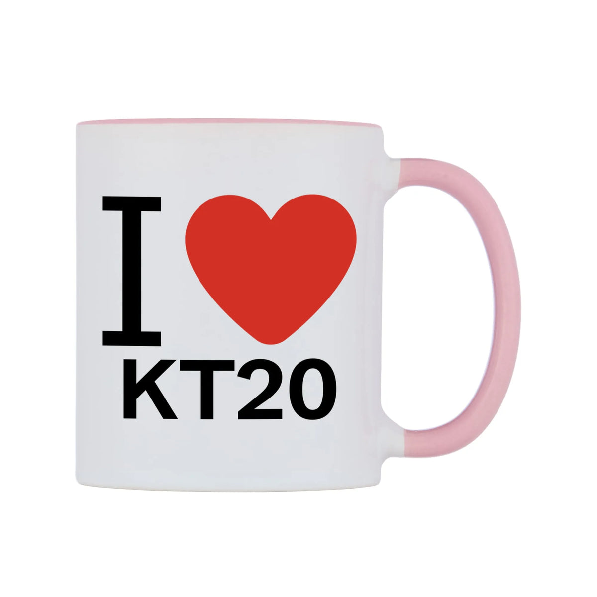 I Love KT20 Mug — white 11oz gloss mug with a pink inside and handle, left side, on a white background