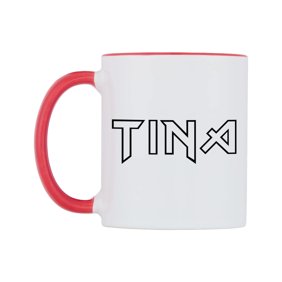 Tina - Iron Maiden Themed Mug — white 11oz gloss mug with a red inside and handle, right side, on a white background