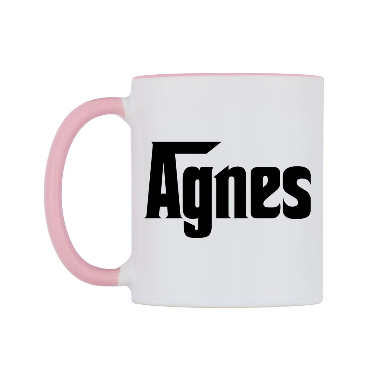 Agnes - Godfather Themed Mug — white 11oz gloss mug with a pink inside and handle, right side, on a white background