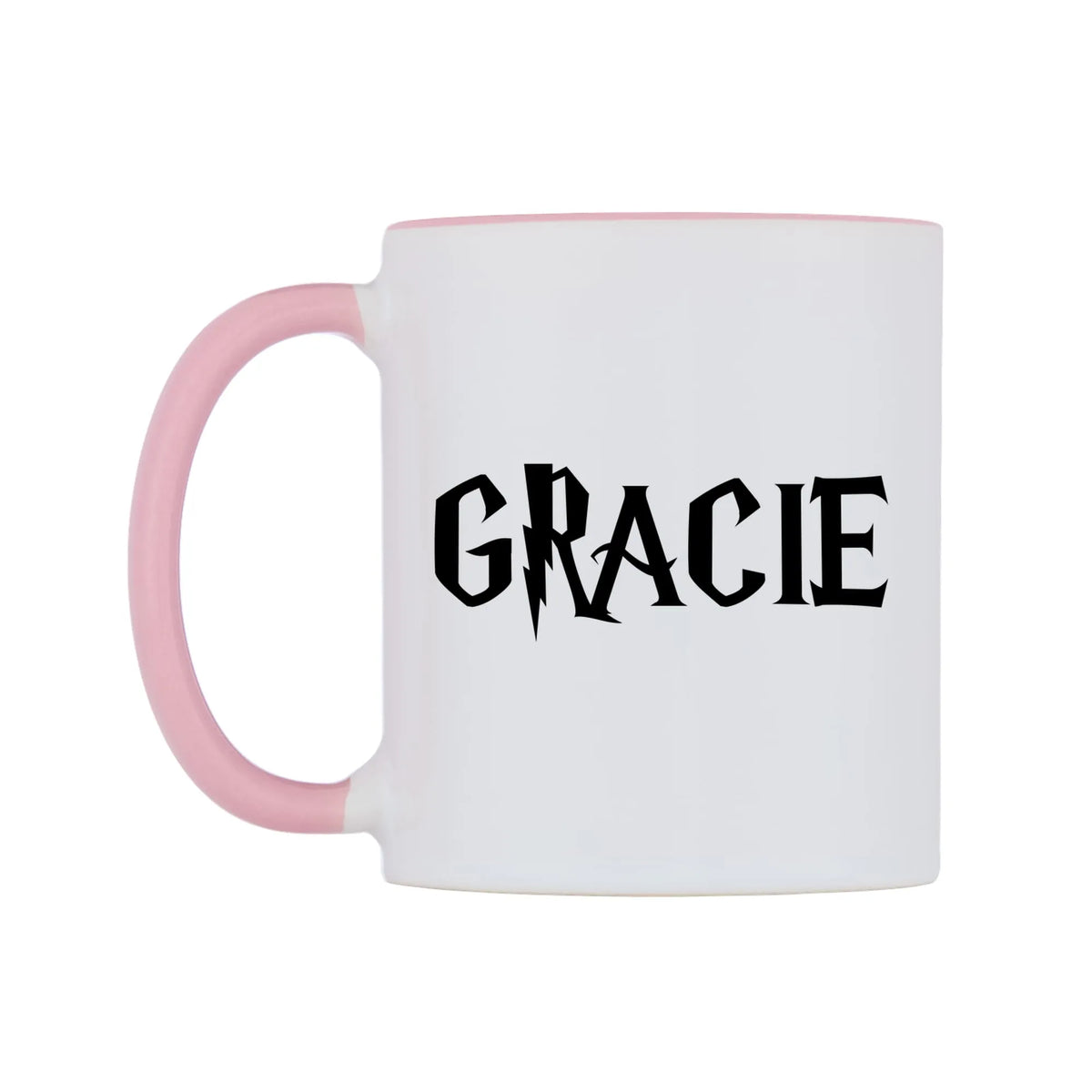 Gracie - Wizard Themed Mug — white 11oz gloss mug with a pink inside and handle, right side, on a white background