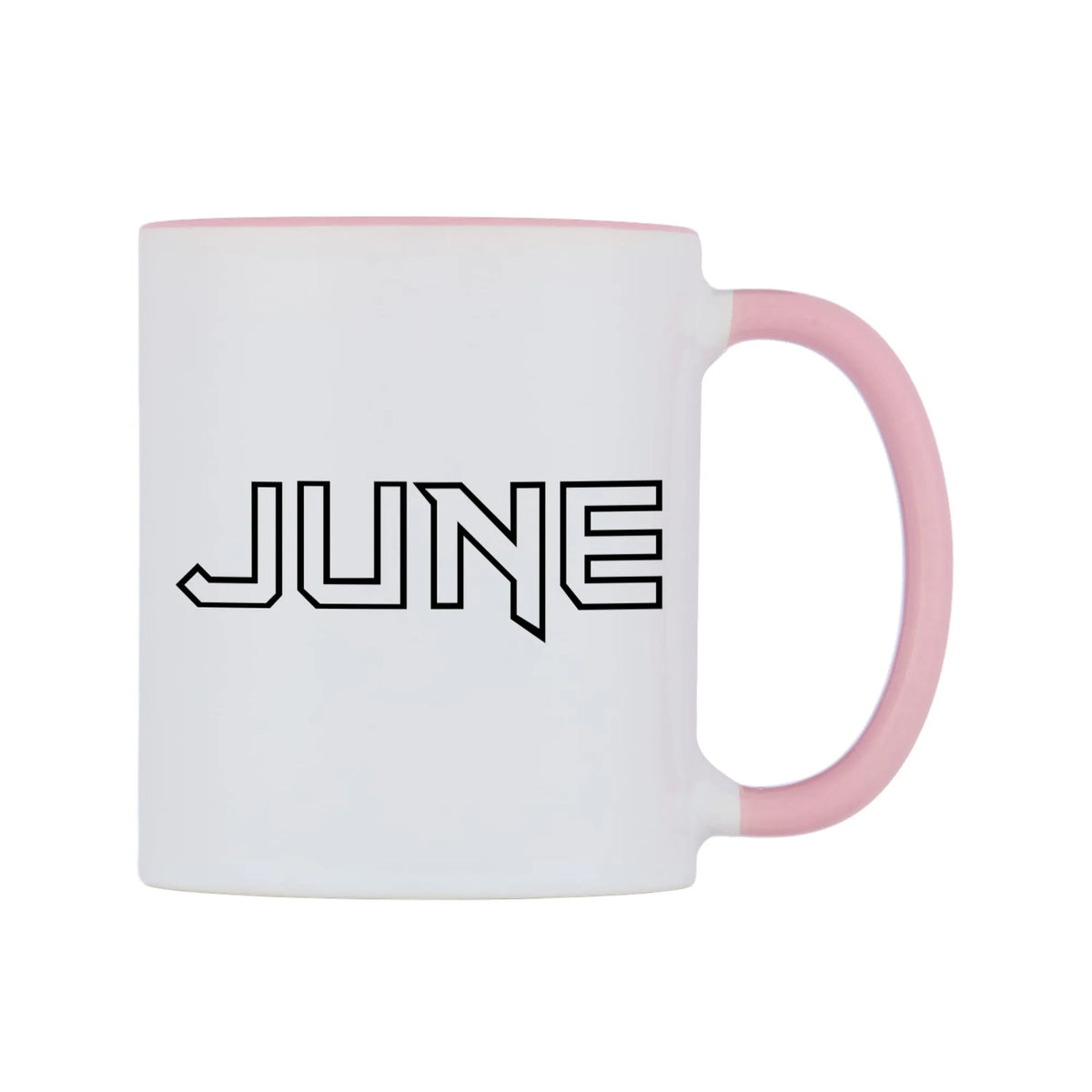 June - Iron Maiden Themed Mug — white 11oz gloss mug with a pink inside and handle, left side, on a white background