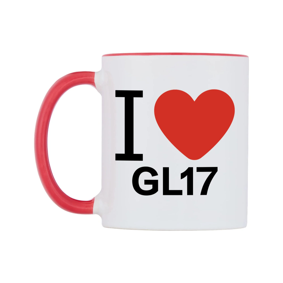 I Love GL17 Mug — white 11oz gloss mug with a red inside and handle, right side, on a white background