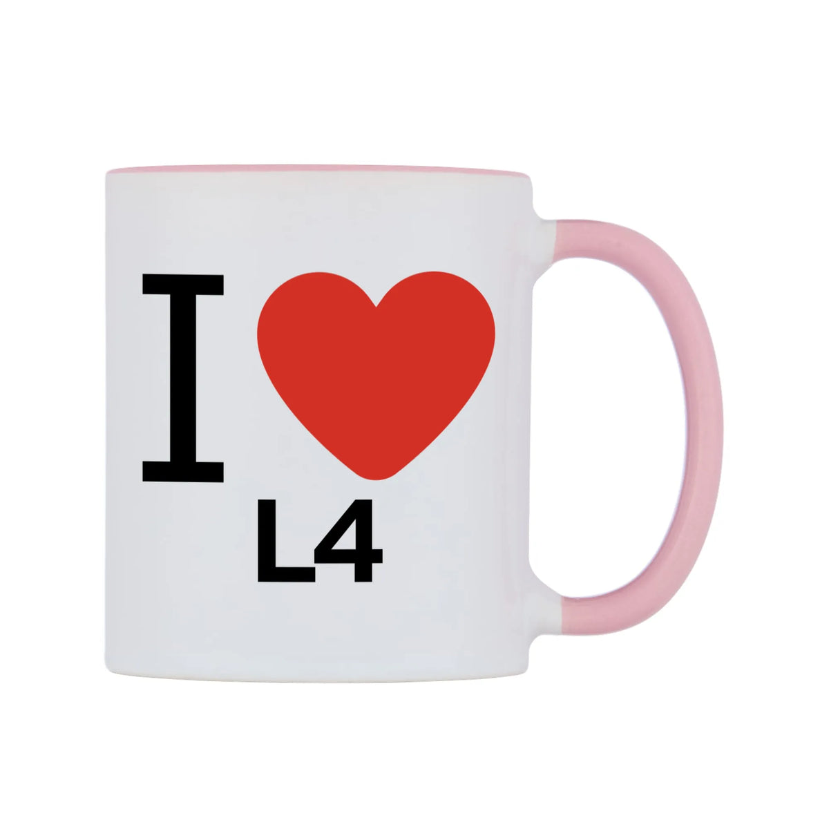 I Love L4 Mug — white 11oz gloss mug with a pink inside and handle, left side, on a white background