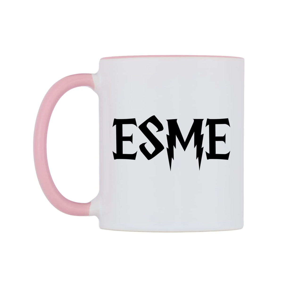 Esme - Wizard Themed Mug — white 11oz gloss mug with a pink inside and handle, right side, on a white background