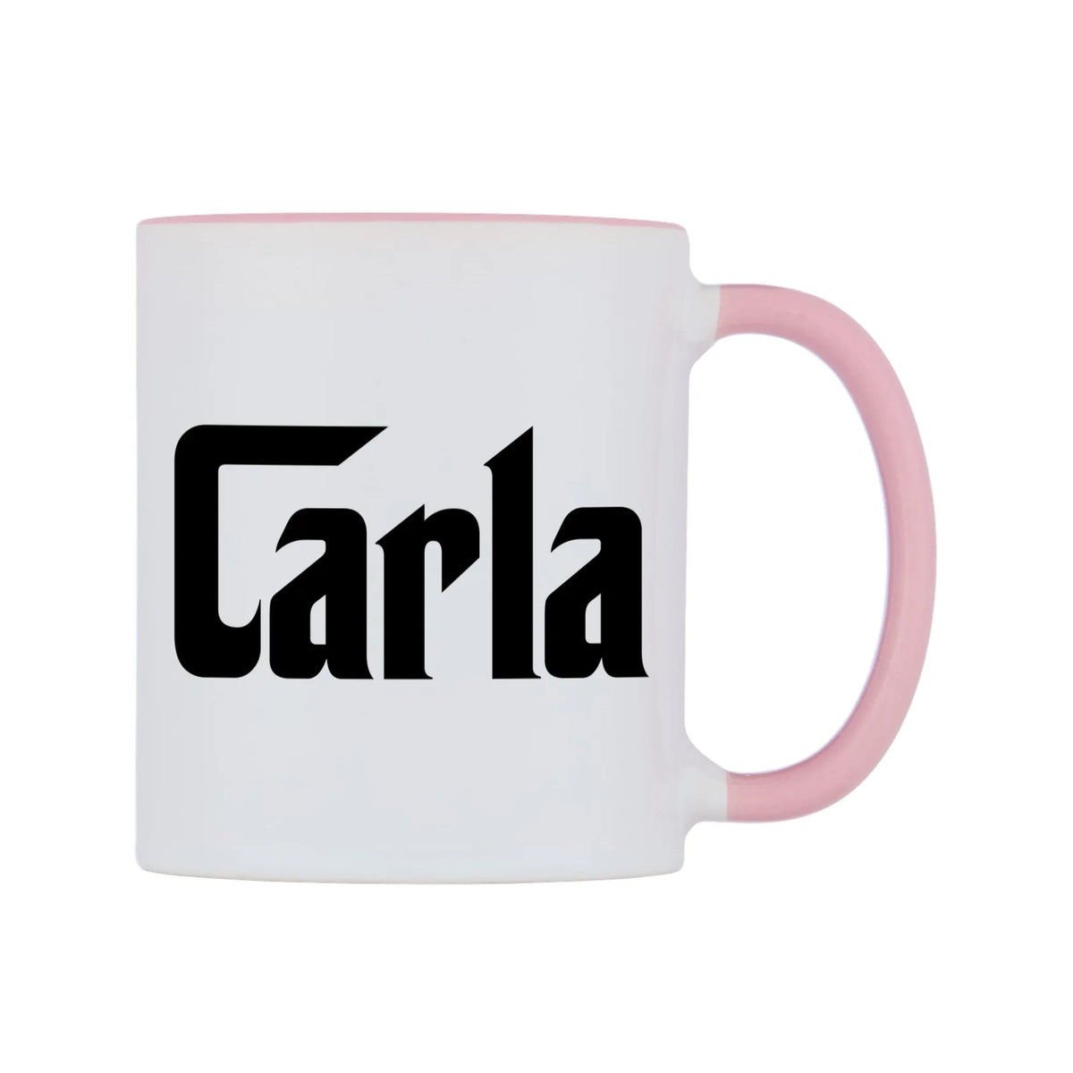 Carla - Godfather Themed Mug — white 11oz gloss mug with a pink inside and handle, left side, on a white background