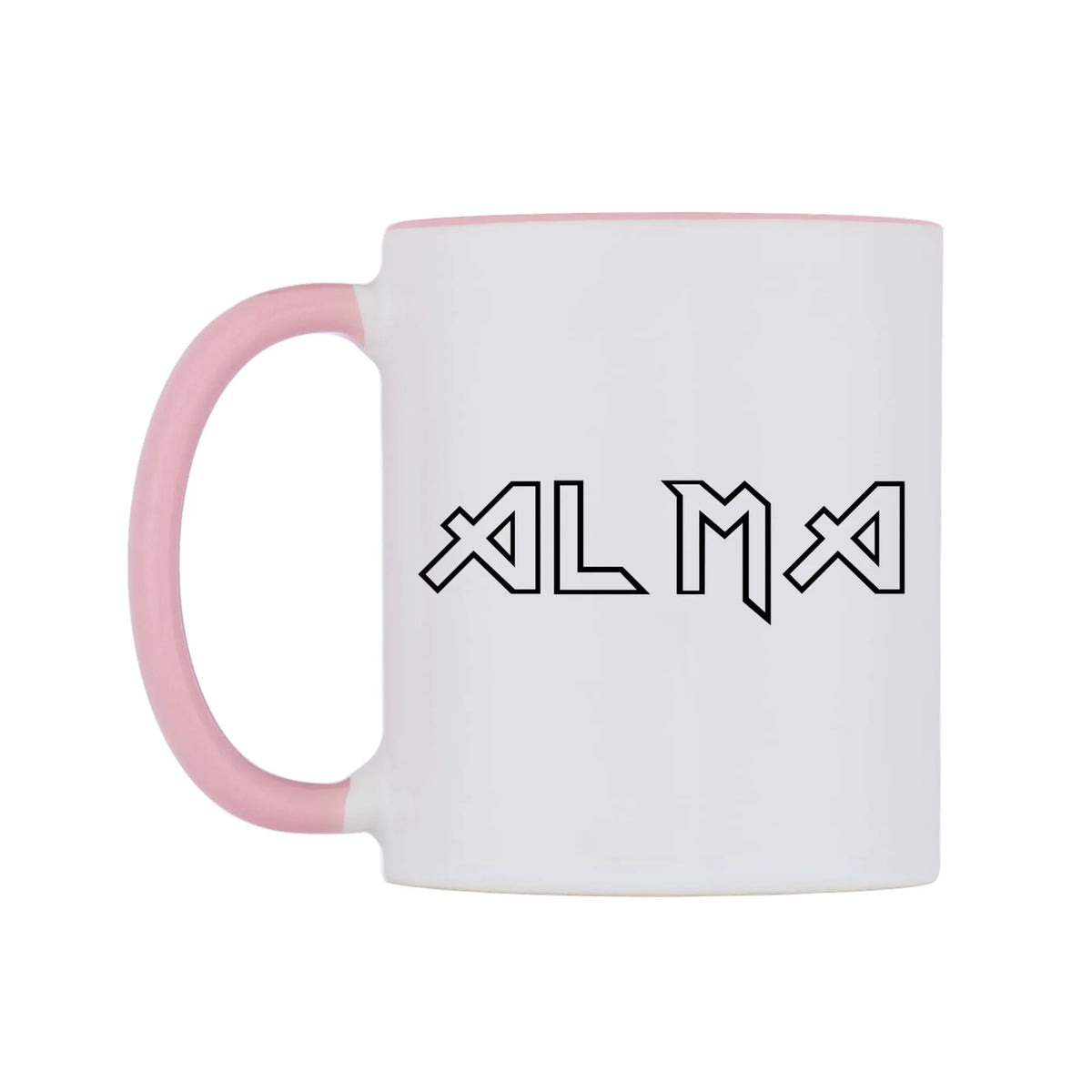 Alma - Iron Maiden Themed Mug — white 11oz gloss mug with a pink inside and handle, right side, on a white background