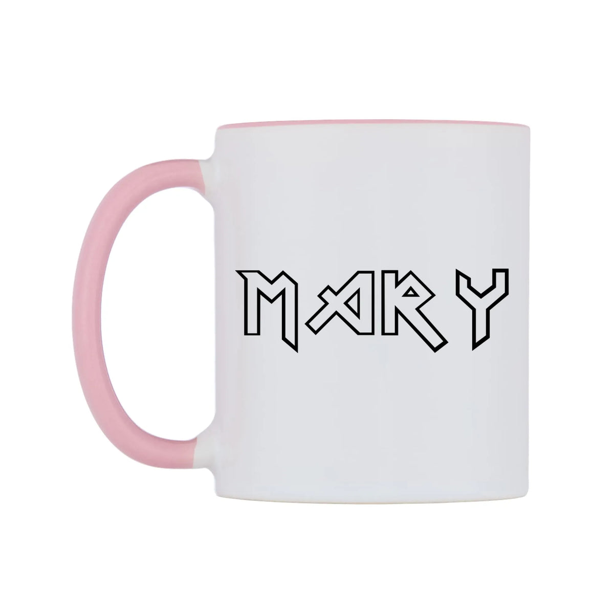 Mary - Iron Maiden Themed Mug — white 11oz gloss mug with a pink inside and handle, right side, on a white background