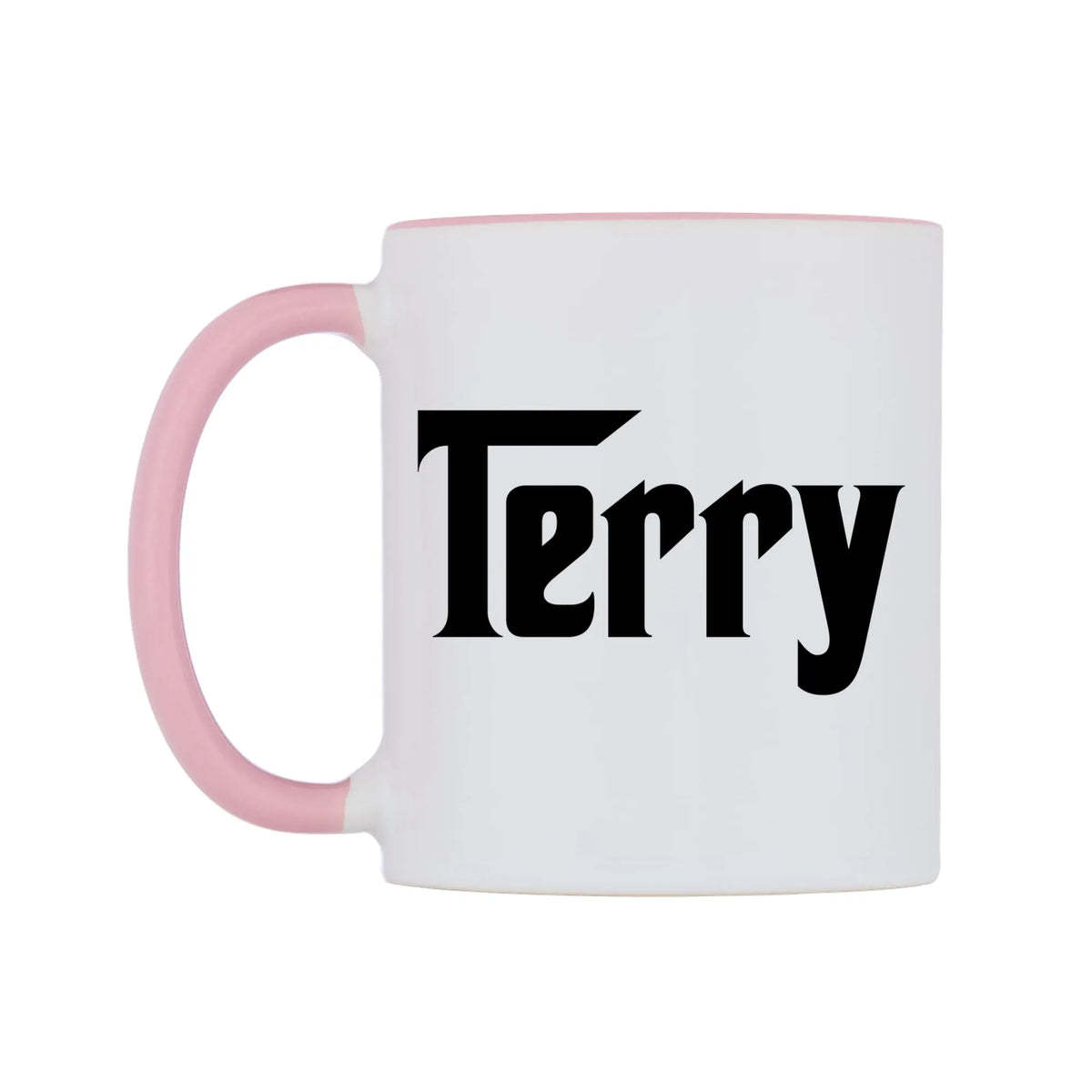 Terry - Godfather Themed Mug — white 11oz gloss mug with a pink inside and handle, right side, on a white background
